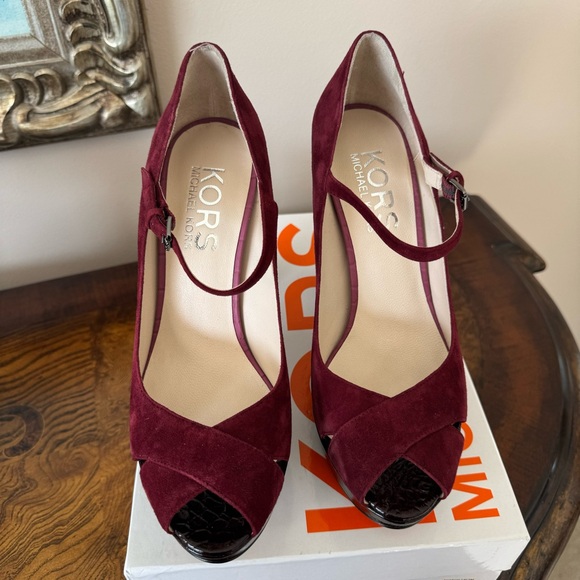 Michael Kors | Padova Platform Heels  Burgundy Suede Patent Size 10 New in Box!! - Picture 2 of 14